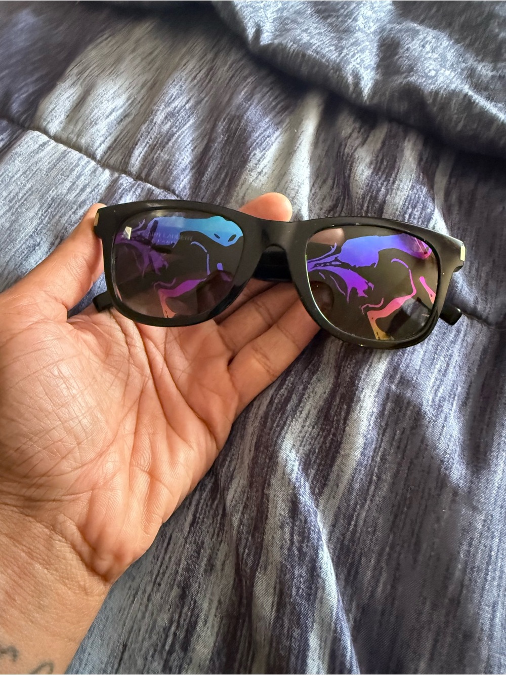 Saint Laurent Black Frame Sunglasses with Purple Mirrored Lenses